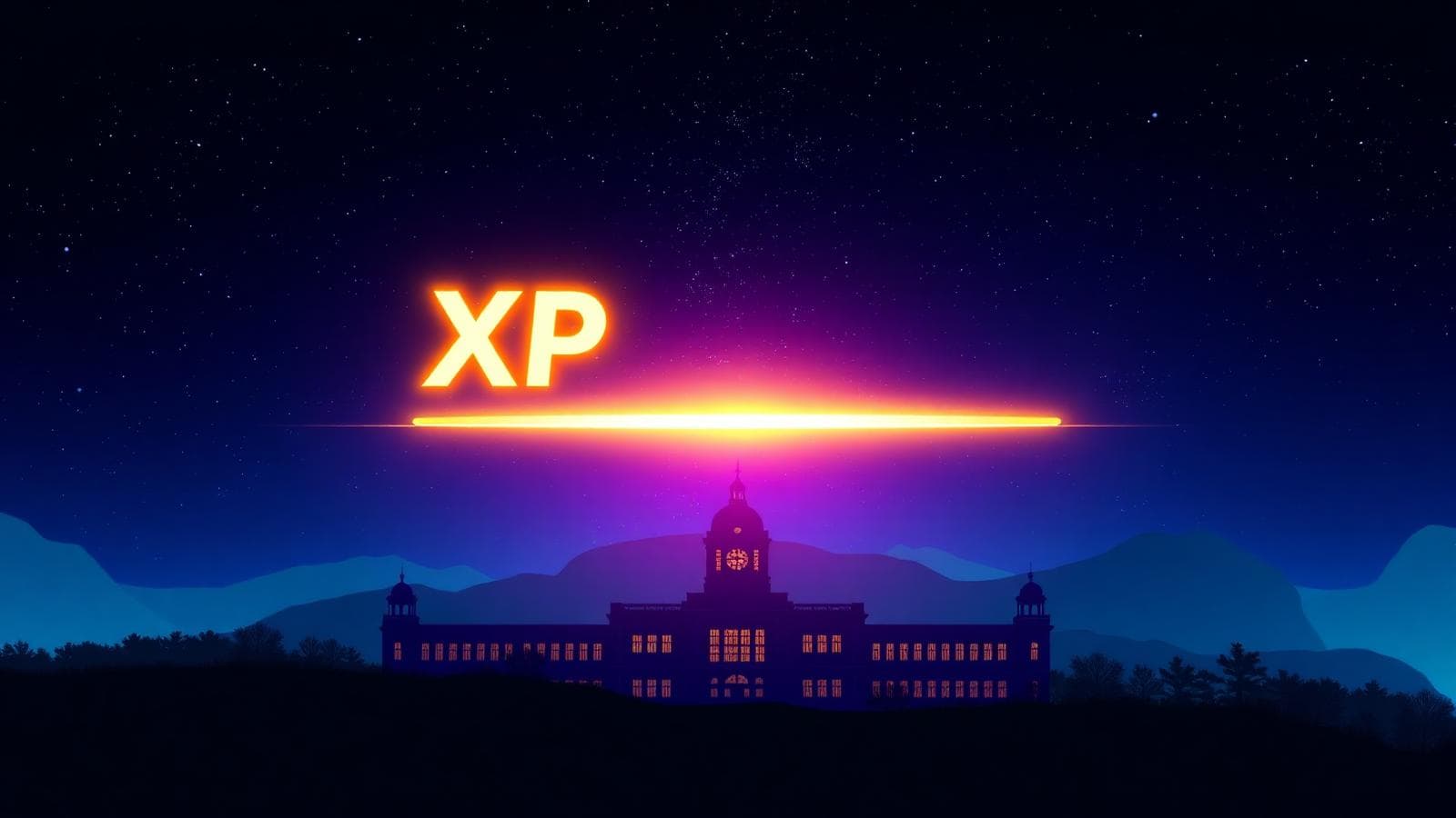 Campus Quest hero — glowing XP bar over a campus skyline
